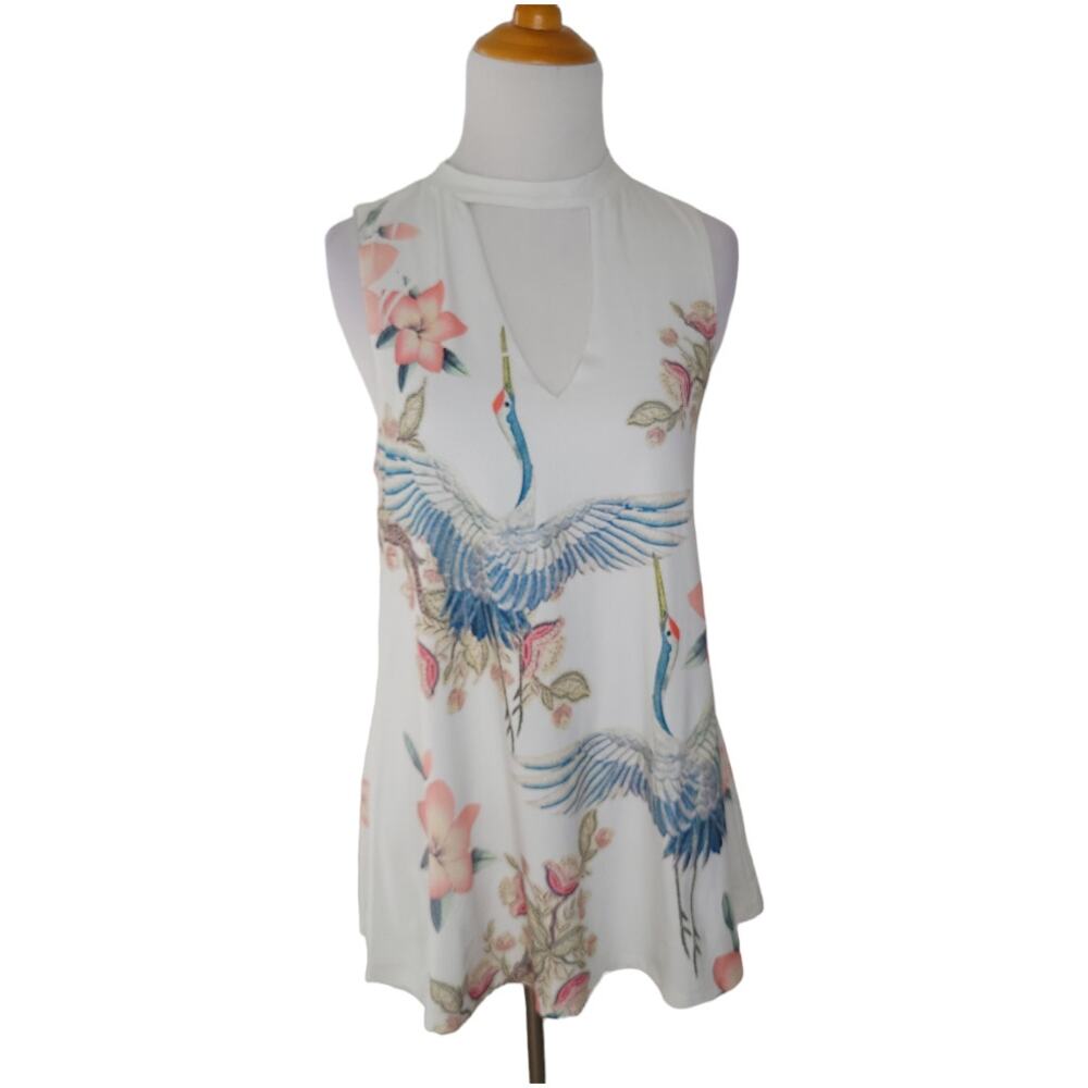 Gaze Women Asian Inspired Swing Tank Choker Neck Crane Floral Print Small